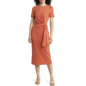 Boden Rust Orange Tie Waist Midi Dress Short Sleeve Work Career 10R Medium Knit